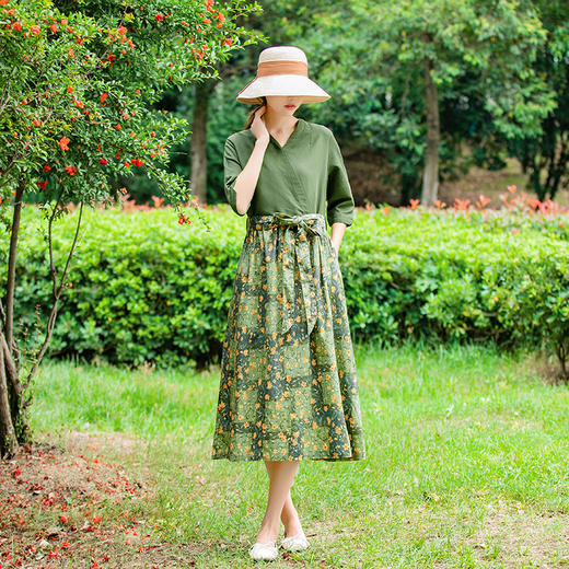 LT-025新款碎花亚麻连衣裙   夏季半袖系带修身A字长裙 商品图2