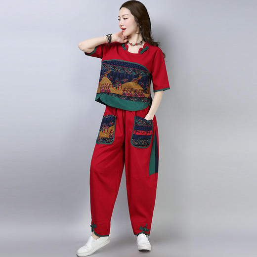 MQ-TZ217夏季新款棉麻大码复古撞色拼接花布文艺两件套YY 商品图4