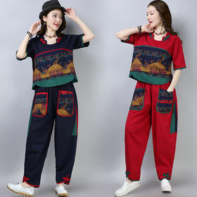 MQ-TZ217夏季新款棉麻大码复古撞色拼接花布文艺两件套YY