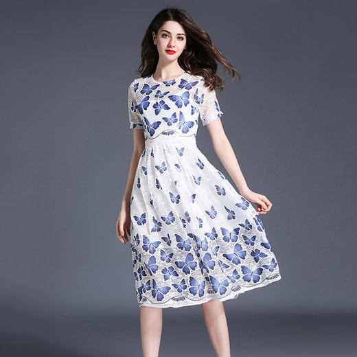 夏装修身显瘦短袖优雅复古蝴蝶印花连衣裙货号qs7611
