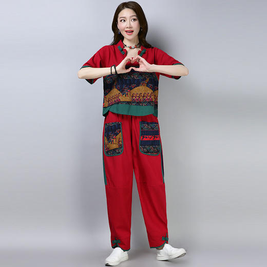 MQ-TZ217夏季新款棉麻大码复古撞色拼接花布文艺两件套YY 商品图2