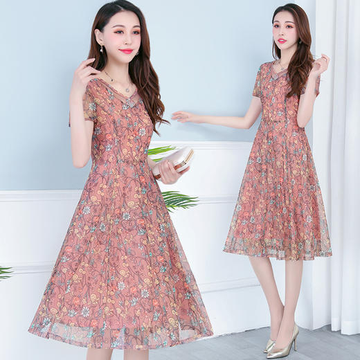 MQ-XM216夏季新款收腰气质过膝网纱碎花连衣裙YY 商品图2