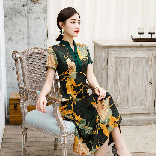 YM-84519新款复古优雅气质奥黛旗袍连衣裙 商品图3