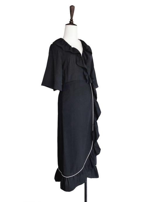 【狂欢价】TYNVIE 黑色雪纺荷叶边裹身连衣裙 商品图2