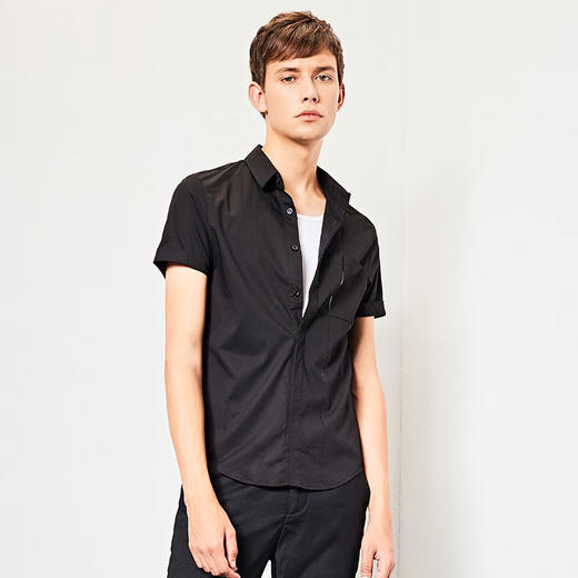 HIM漢崇 夏季新休闲男装衣服男士休闲衬衣都市黑色短袖衬衫青年男 商品图0