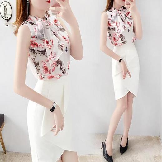FGYC1951-时尚印花雪纺衫配白色包臀裙气质两件套 商品图0