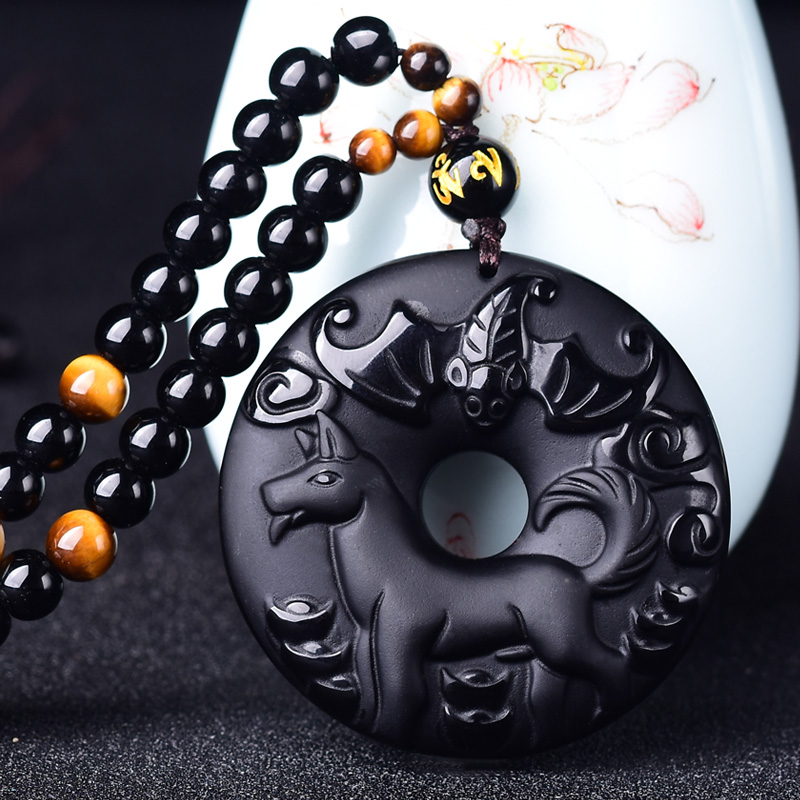 天然黑曜石十二生肖吊坠男女款