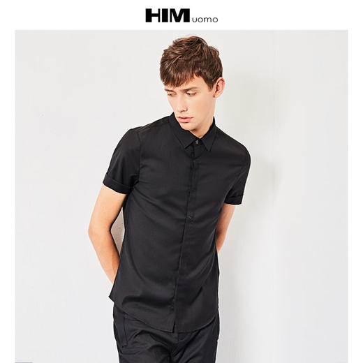 HIM漢崇 男士上衣夏季新简约商务正装修身衬衣黑色休闲短袖衬衫青年男 商品图0