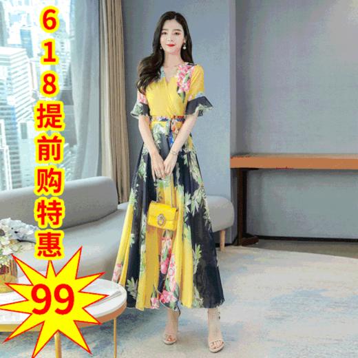 XFFS9032新款时尚气质收腰显瘦V领印花过膝连衣裙 商品图0