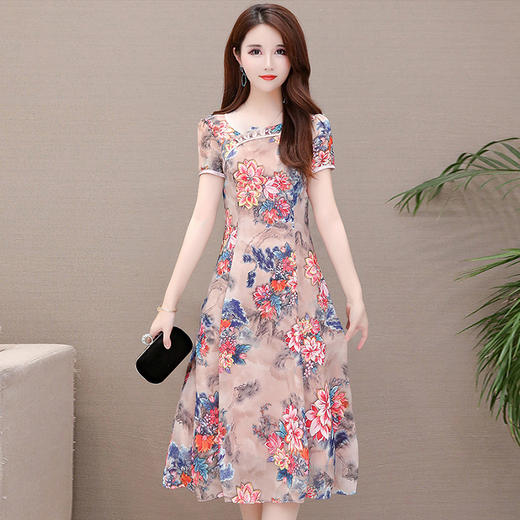 夏新修身显瘦收腰优雅中长款连衣裙款 yw9255