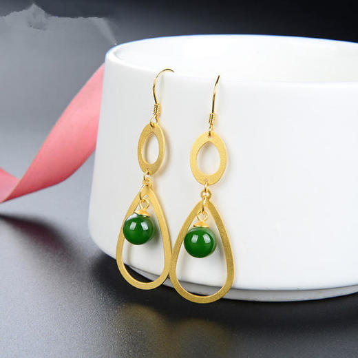 TNF-TNFCR004408 S925古法金复古沙金镶碧玉耳环 商品图3