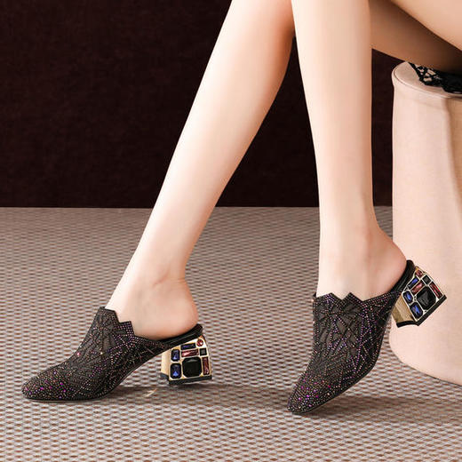 HL-XZY103-9589夏季新款真皮粗跟水钻性感拖鞋 商品图2