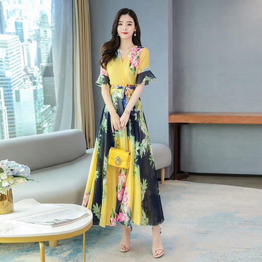 XFFS9032新款时尚气质收腰显瘦V领印花过膝连衣裙 商品图2