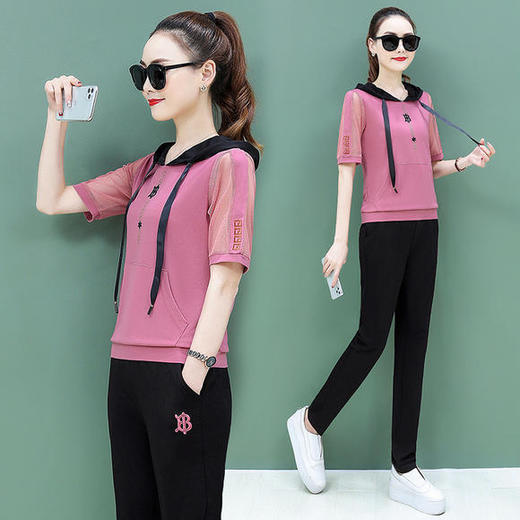 SP1011123新款韩版时尚宽松短袖连帽T恤休闲运动两件套 商品图3