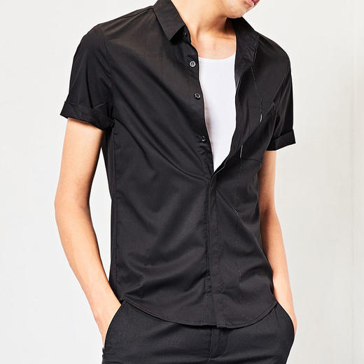 HIM漢崇 夏季新休闲男装衣服男士休闲衬衣都市黑色短袖衬衫青年男 商品图2