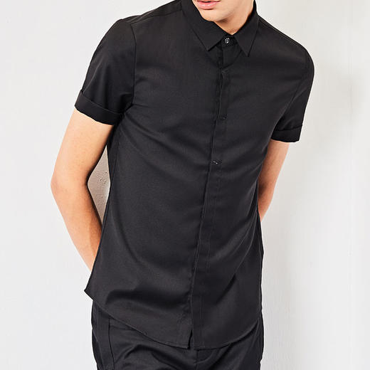 汉崇男士上衣夏季新简约商务正装修身衬衣黑色休闲短袖衬衫青年男