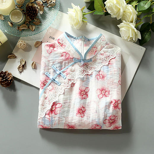 ZSM-200430夏新款轻薄透气修身女纯棉麻蕾丝边旗袍连衣裙 商品图1