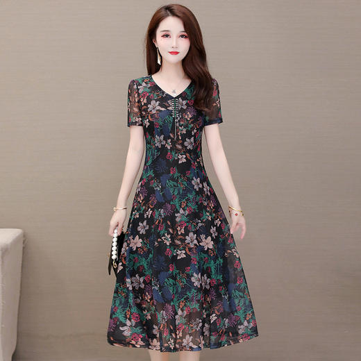 QYM-2060新款洋气修身显瘦中年妈妈时尚过膝v领a字连衣裙 商品图3