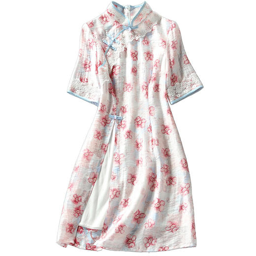 ZSM-200430夏新款轻薄透气修身女纯棉麻蕾丝边旗袍连衣裙 商品图4