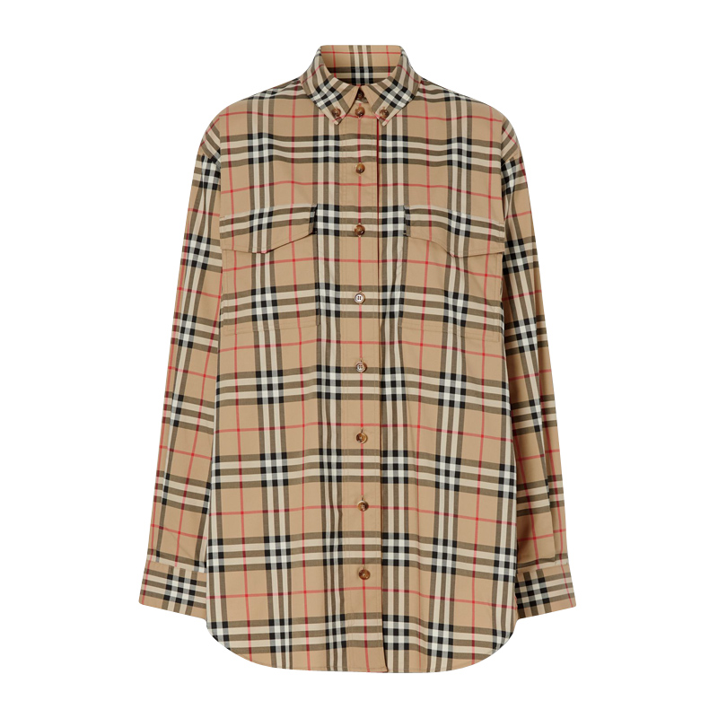 【三】BURBERRY 巴宝莉 女士 Vintage 格纹弹力棉质宽松长袖衬衫 8022285 A7028