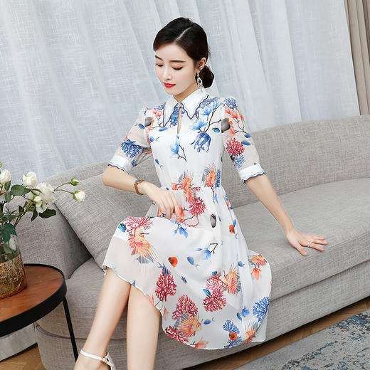 AHM-hml1603夏季新款印花盘扣收腰复古中式旗袍连衣裙 商品图4
