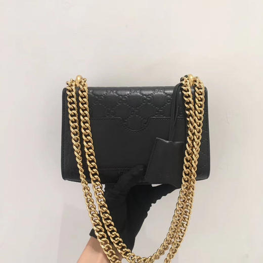 95新古驰gucci黑色牛皮压花小号padlock链条包单肩斜挎包