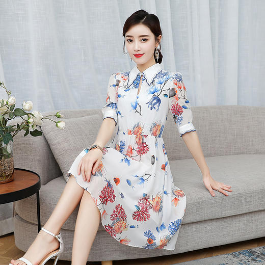 AHM-hml1603夏季新款印花盘扣收腰复古中式旗袍连衣裙 商品图3