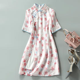 ZSM-200430夏新款轻薄透气修身女纯棉麻蕾丝边旗袍连衣裙