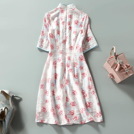 ZSM-200430夏新款轻薄透气修身女纯棉麻蕾丝边旗袍连衣裙 商品图3