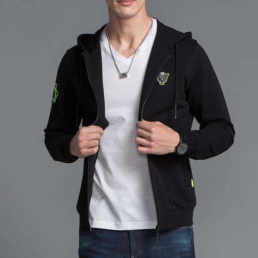 Marco Azzali 黑色小豹头标拉链长袖T恤卫衣 T5001200 商品图0