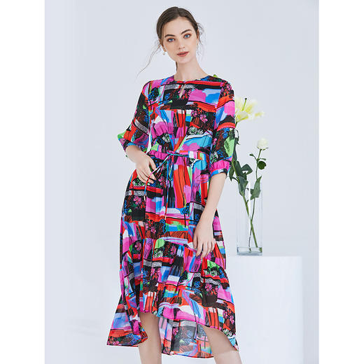 EITIE爱特爱女装夏季新款五分袖优雅不规则印花连衣裙中长款5907636 商品图7