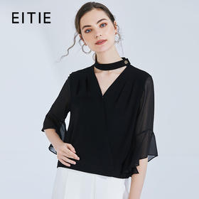 EITIE爱特爱女装夏季V领挂脖镂空时尚喇叭袖雪纺衫小上衣5913610