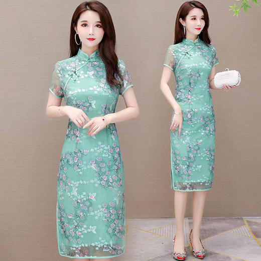 YWE-20A21气质复古修身短袖印花连衣裙 商品图0