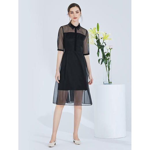 EITIE爱特爱夏季新网纱透视气质翻领很仙的礼服小黑连衣裙女5907640 商品图1