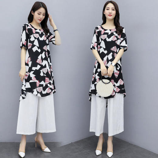 HR-XYFS5986时尚显瘦，宽松印花减龄轻熟两件套 商品图1