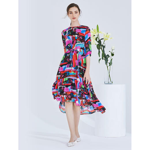 EITIE爱特爱女装夏季新款五分袖优雅不规则印花连衣裙中长款5907636 商品图6