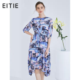 EITIE爱特爱女装夏季新款五分袖优雅不规则印花连衣裙中长款5907636