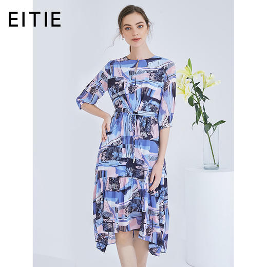 EITIE爱特爱女装夏季新款五分袖优雅不规则印花连衣裙中长款5907636 商品图0