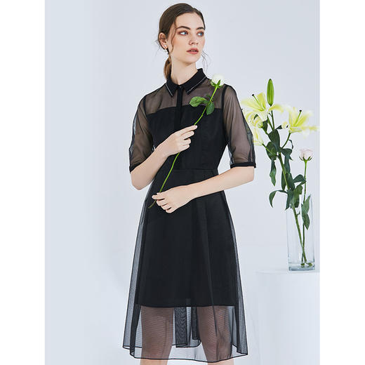 EITIE爱特爱夏季新网纱透视气质翻领很仙的礼服小黑连衣裙女5907640 商品图3