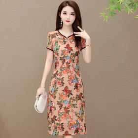 QYM-K2019B新款低领显瘦气质中年妈妈复古连衣裙