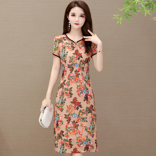 QYM-K2019B新款低领显瘦气质中年妈妈复古连衣裙 商品图0