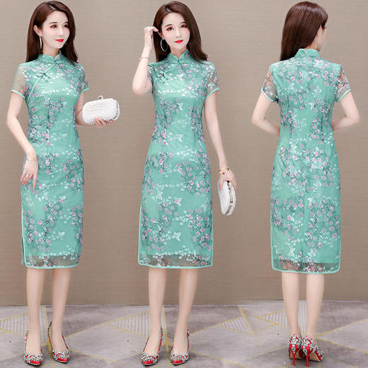 YWE-20A21气质复古修身短袖印花连衣裙 商品图2