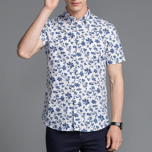 Marco Azzali 进口面料底蓝色水彩印花短袖衬衫 C5051600 商品图0