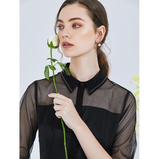 EITIE爱特爱夏季新网纱透视气质翻领很仙的礼服小黑连衣裙女5907640 商品图2
