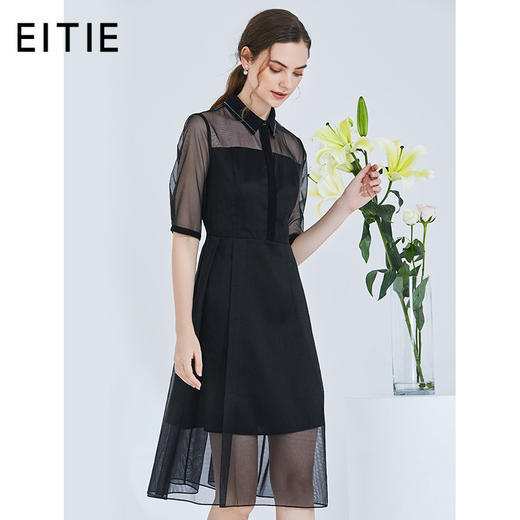 EITIE爱特爱夏季新网纱透视气质翻领很仙的礼服小黑连衣裙女5907640 商品图0
