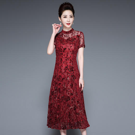 YZL-222中式气质丝绒烧花两件套连衣裙妈妈装 商品图1