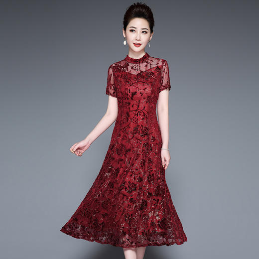 YZL-222中式气质丝绒烧花两件套连衣裙妈妈装 商品图0