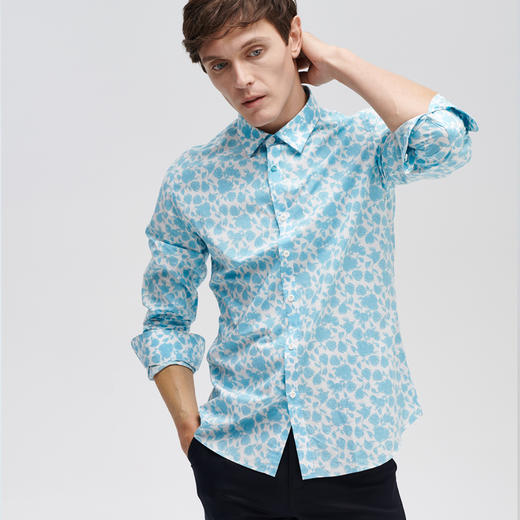 Marco Azzali 白底浅绿意大利TESTA面料长袖衬衫 C3805700 商品图0