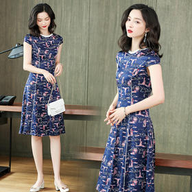 ASE-2266新品圆领气质真丝印花连衣裙