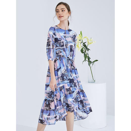 EITIE爱特爱女装夏季新款五分袖优雅不规则印花连衣裙中长款5907636 商品图2